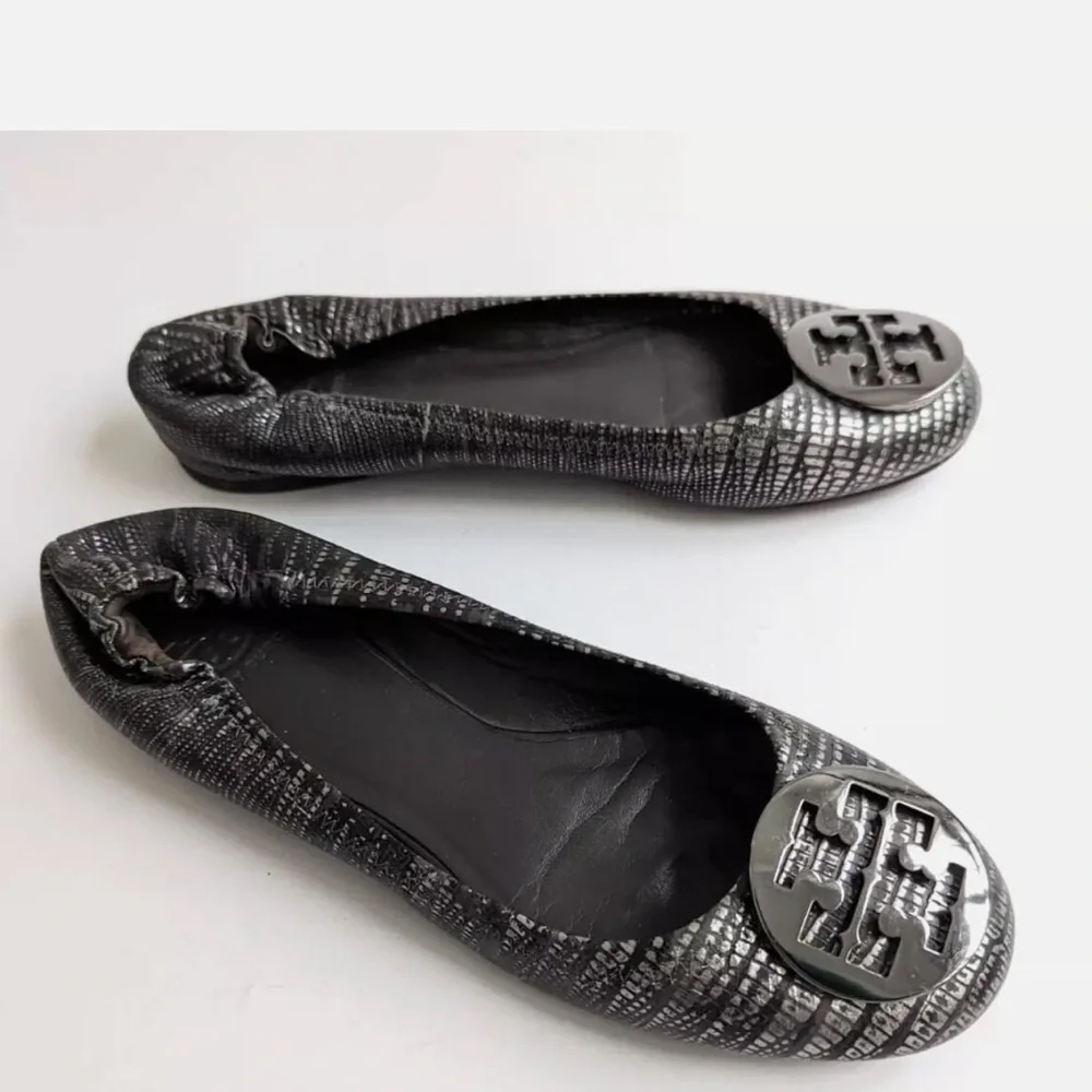 Tory Burch Reva Metallic Black Lizard Embossed Leather Ballet Flat